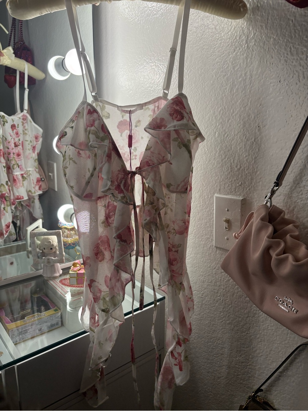 Sheer Pink Floral Ruffle Tie-Front Camisole
